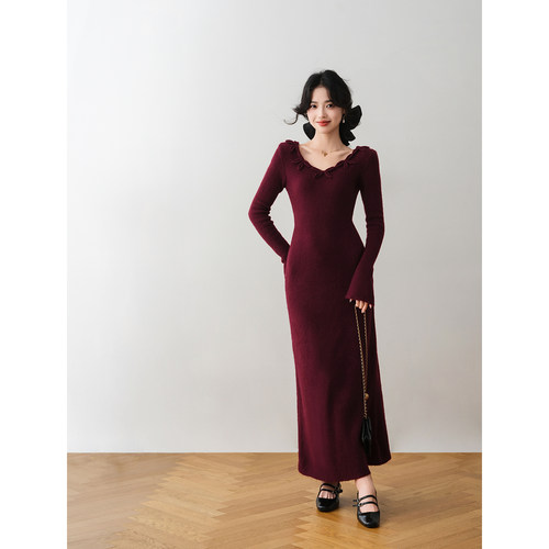 ron&ron法式赫本针织蕾丝拼接方领连衣裙送项圈2025冬优雅长裙HT