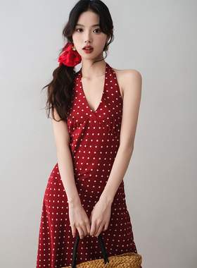 ron&ron港风红色波点挂脖绑带露背吊带裙2025夏季新款修身连衣裙T
