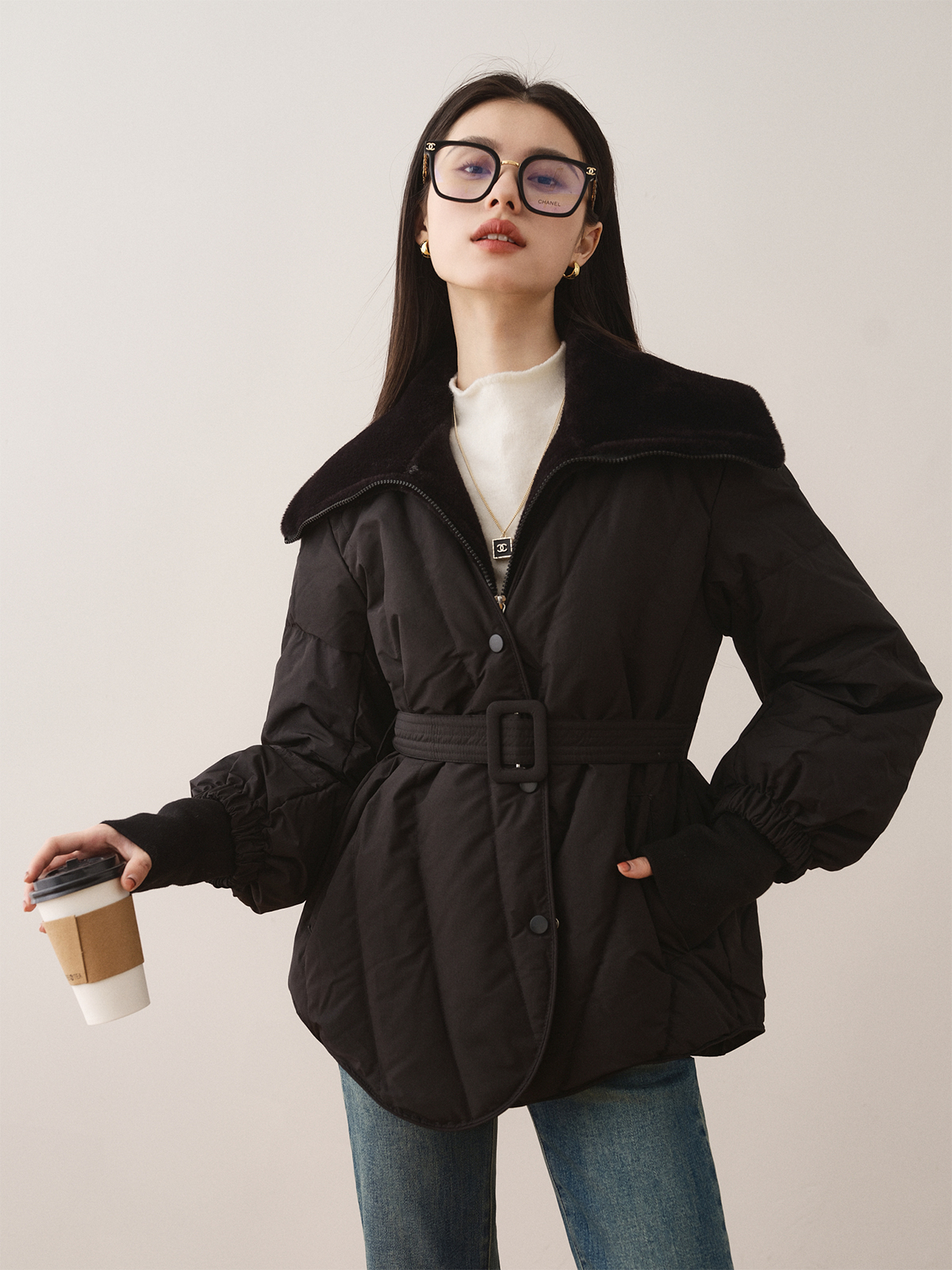 ronron法式常规翻领纯色羽绒服