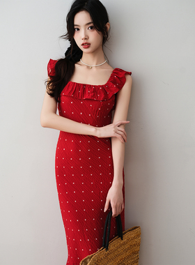 ron&ron绝美荷叶边方领波点鱼尾裙2025夏季新款气质修身红色长裙T