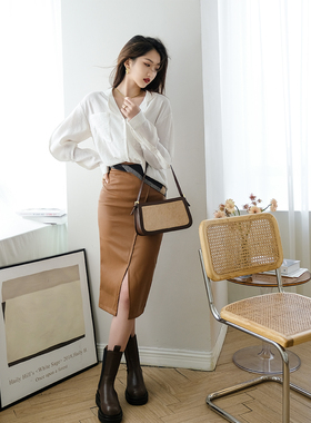 ronron气质V领羊腿袖衬衫女2021秋季新款宽松长袖白色上衣设计感T