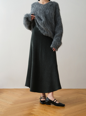 ron&ron学院风黑色松紧腰A字半身裙2025冬季中长裙显瘦垂感大摆裙