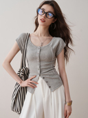 排扣短袖 T恤2025夏季 新款 ron&ron简约修身 显瘦圆领薄款 针织上衣T