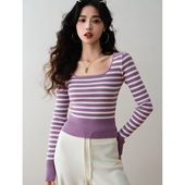 温柔风条纹方领长袖 针织衫 2025冬季 ron&ron法式 气质修身 打底上衣