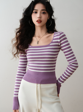 ron&ron法式温柔风条纹方领长袖针织衫2025冬季气质修身打底上衣
