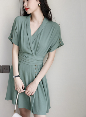 Ron原创绿色连衣裙 V领很仙的法国小众桔梗裙春装2019款女夏中长T