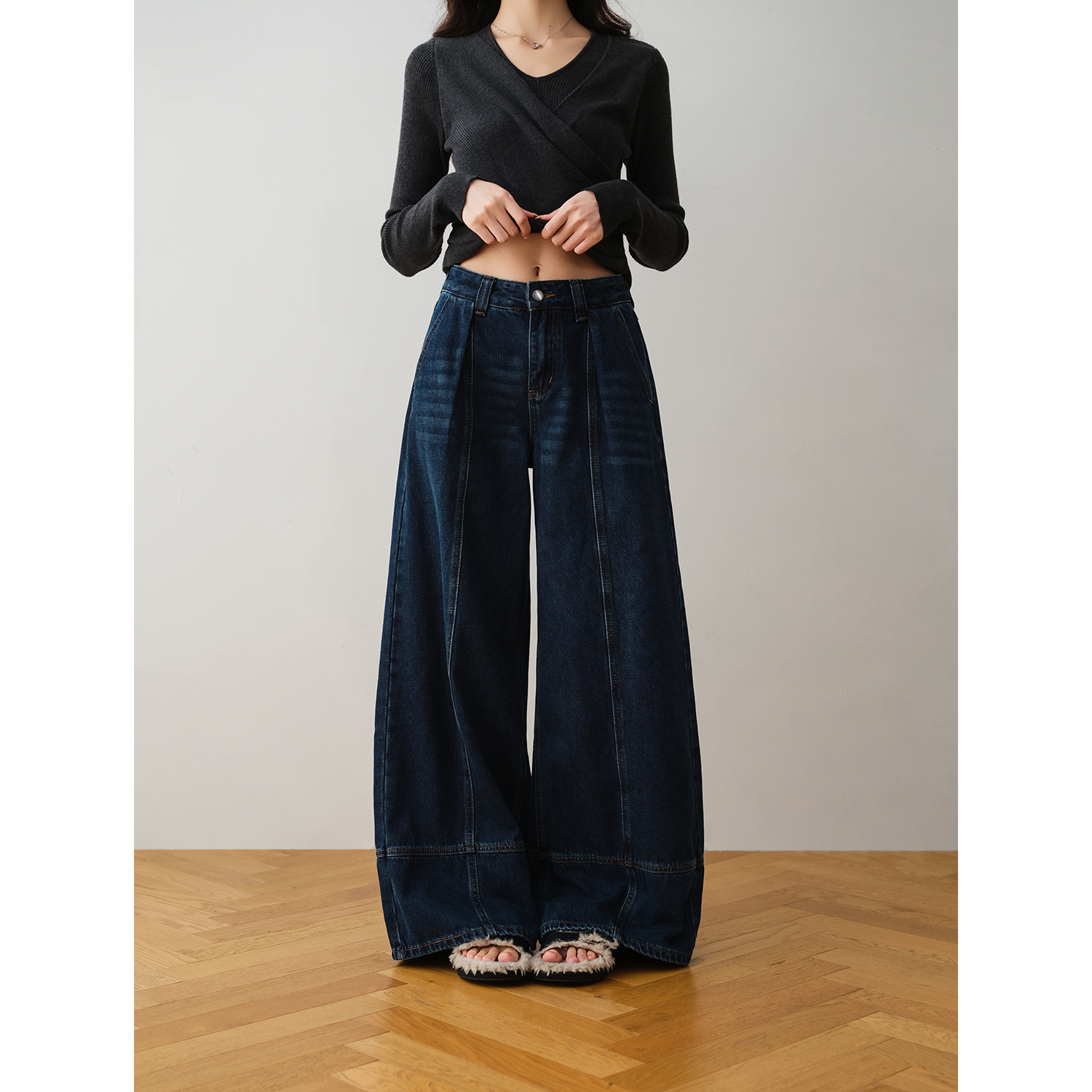 ron&ron复古高腰阔腿薄绒牛仔弯刀裤女2025秋季长裤松弛百搭潮裤