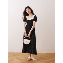 ron&ron法式荷叶领碎花连衣裙春夏新款女装中长款黑色短袖茶歇裙