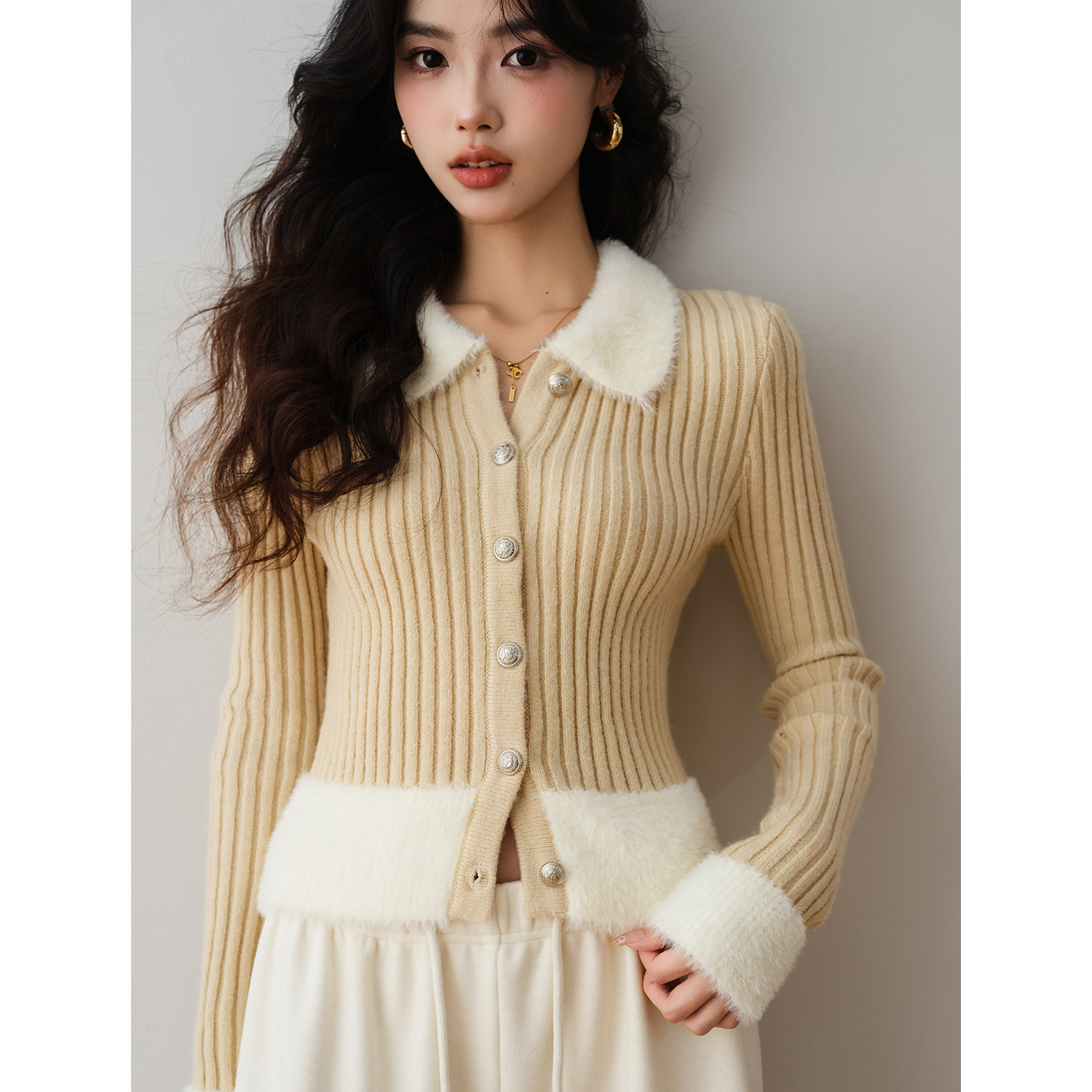 法式毛绒翻领针织开衫女2025秋季