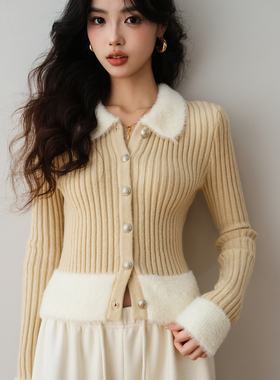 ron&ron法式毛绒翻领针织开衫女2025秋季新款修身洋气百搭毛衣