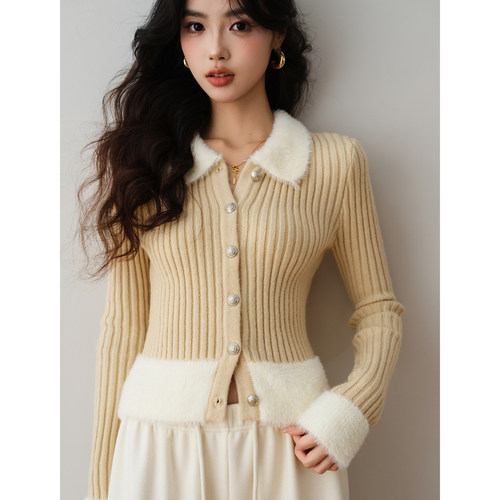 法式毛绒翻领针织开衫女2025秋季