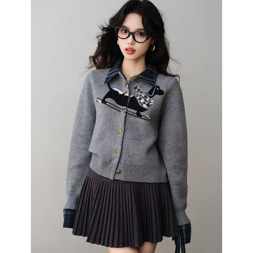 卡通风小狗格纹翻领毛针织开衫