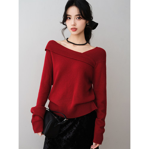 ron&ron轻熟优雅一字肩不对称针织衫2025冬季设计感显瘦百搭毛衣