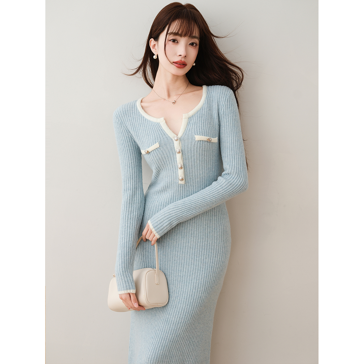 气质优雅撞色修身显瘦针织连衣裙