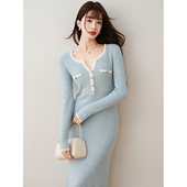 ron&ron气质优雅撞色修身 针织裙2024秋冬新款 设计感包臀显瘦长裙T