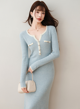 ron&ron气质优雅撞色修身针织裙2024秋冬新款设计感包臀显瘦长裙T