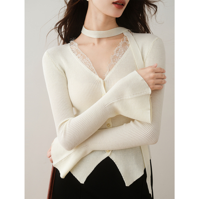 法式蕾丝拼接纽扣V领飘带针织衫