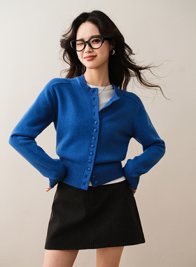 ron&ron设计感修身针织开衫2025早春新款蓝色圆领慵懒高级感上衣