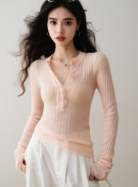 ron&ron法式温柔风V领蕾丝拼接针织衫2026春季长袖修身显瘦上衣