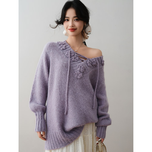 ron&ron温柔慵懒花朵系带斜肩毛衣女2025冬季宽松针织衫氛围上衣