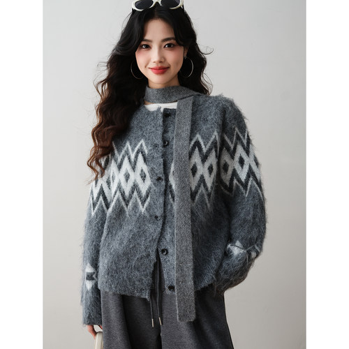 老钱风复古菱格纹针织开衫2025秋