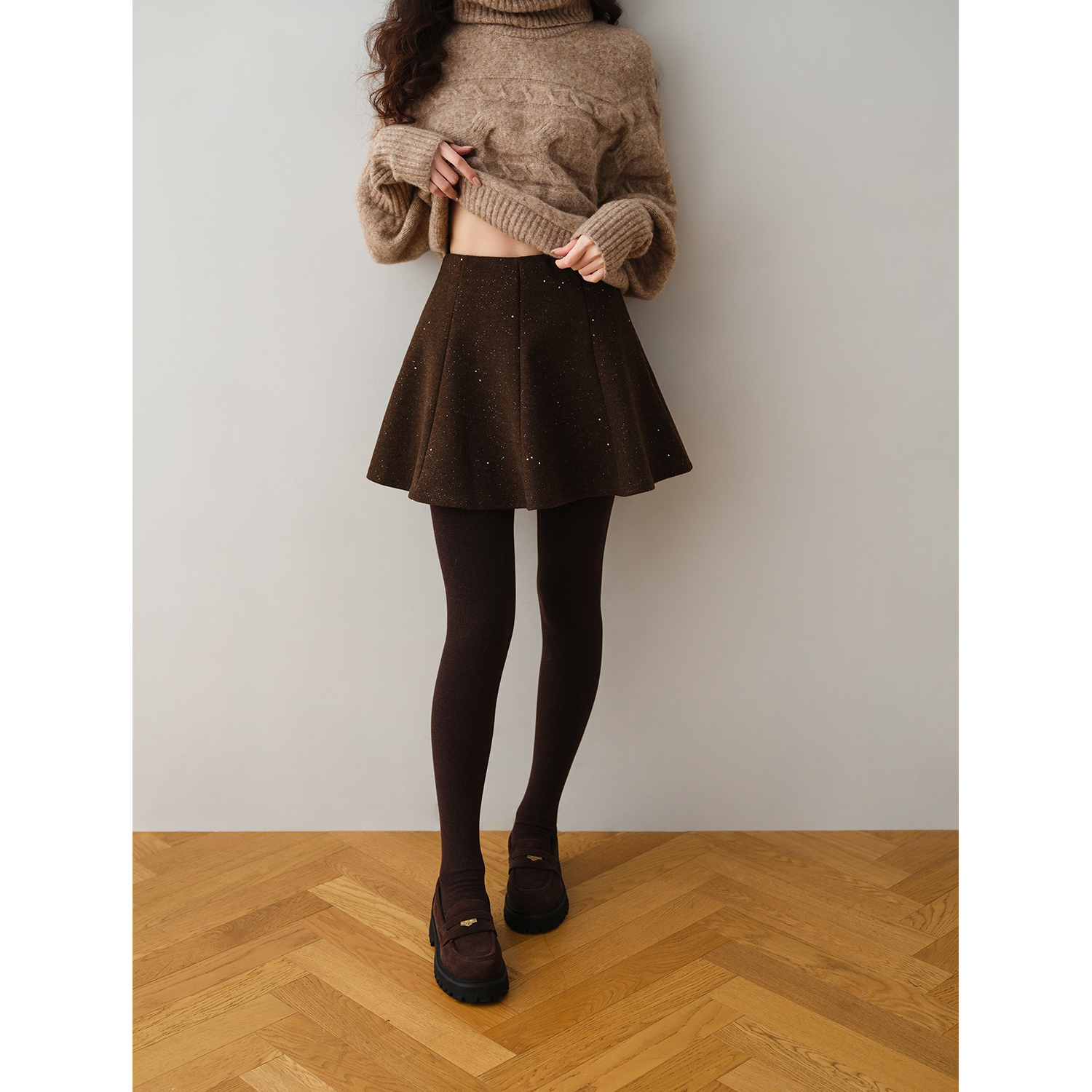 ron&ron老钱风毛呢学院风松紧半身裙2025秋季短裙a字高腰显瘦裙子