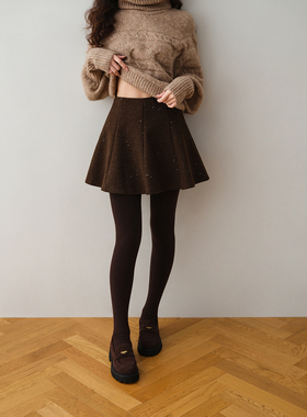 ron&ron老钱风毛呢学院风松紧半身裙2025秋季短裙a字高腰显瘦裙子