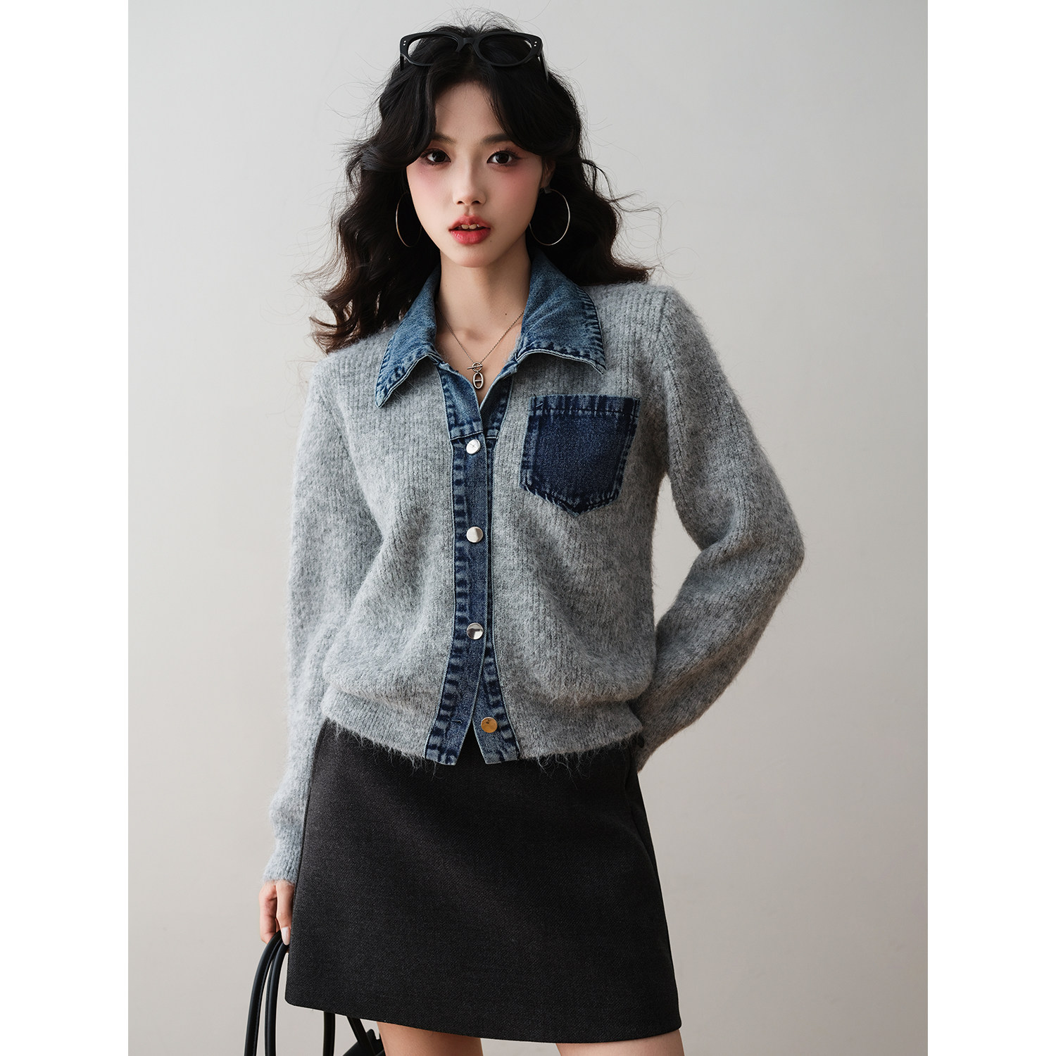 小众设计感拼接牛仔风针织开衫