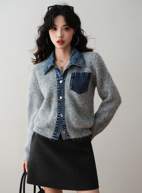 ron&ron小众设计感拼接牛仔风针织开衫2025秋季气质针织上衣毛衣