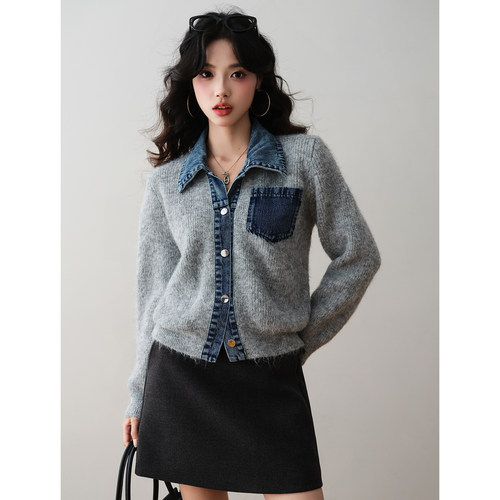 小众设计感拼接牛仔风针织开衫