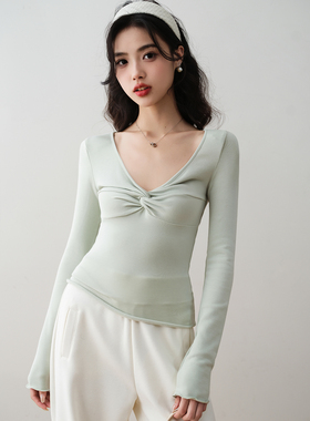 ron&ron法式V领扭结长袖梭织上衣2026春季修身显瘦气质加绒上衣