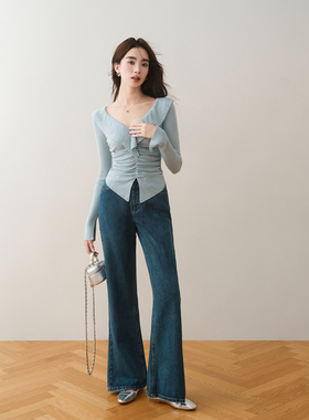 RonRon复古蓝色微喇牛仔裤女早秋新款百搭高腰显瘦显腿长拖地裤T