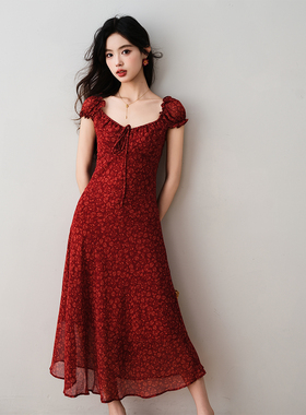 ron&ron法式复古V领碎花连衣裙2025夏新款气质修身显瘦红色长裙T