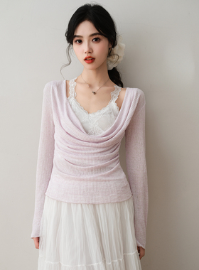 ron&ron法式温柔风假两件荡领蕾丝针织衫2026春季修身显瘦上衣