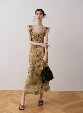 ron&ron复古蝴蝶印花收腰连衣裙2024夏季新款法式荷叶边修身长裙T