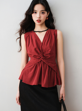 ron&ron港风气质扭结V领无袖T恤2025夏季新款设计感收腰显瘦上衣T