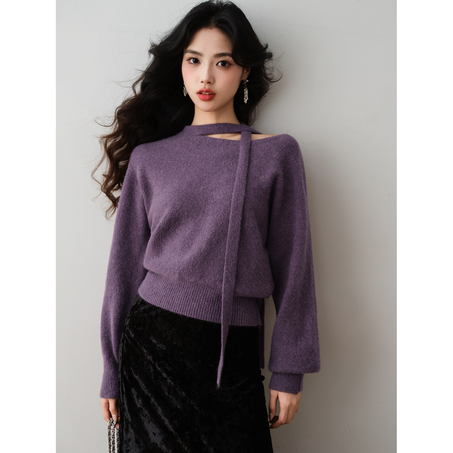 设计感斜肩系带针织衫2025秋季