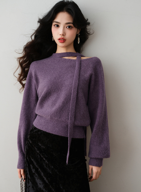 ron&ron设计感斜肩系带针织衫2025秋季宽松套头毛衣高级感上衣