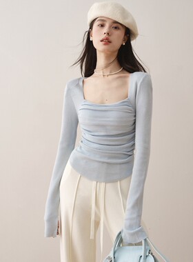 ron&ron小众方领含羊毛针织衫早秋新款百搭纯色褶皱修身显瘦上衣T