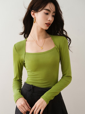 长袖法式薄款方领修身显瘦T恤