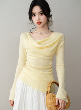 ron&ron法式轻熟优雅风荡领针织衫2026春季长袖修身显瘦掐腰上衣