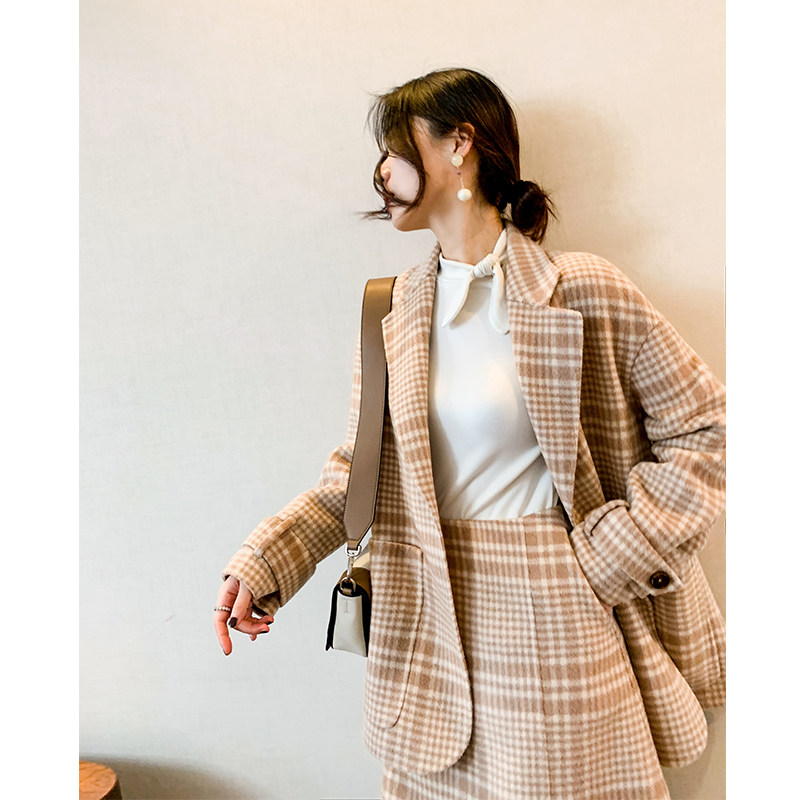 ronron格纹双面毛呢套装 西装外套女中长款秋冬季流行2018新款T