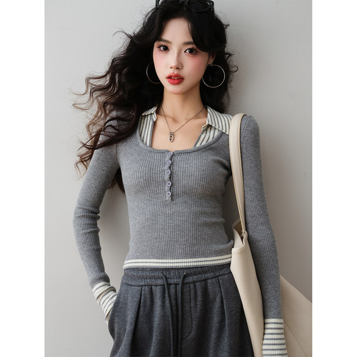 复古假两件条纹拼接翻领针织衫