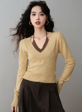 ron&ron法式复古V领假两件撞色针织衫2025冬季长袖修身气质打底衫