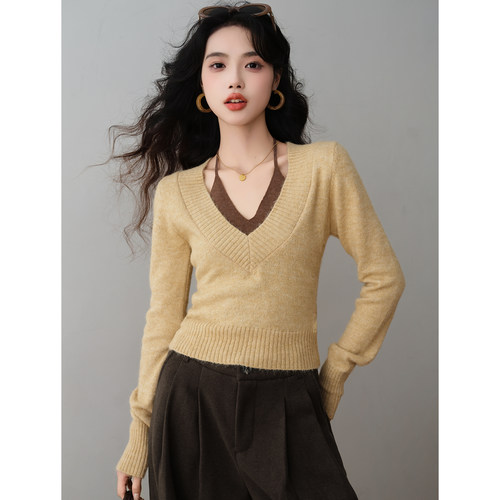 法式复古V领假两件撞色针织衫