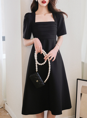 ronron法式方领气质连衣裙长款收腰2021年新款夏季赫本风白色裙子