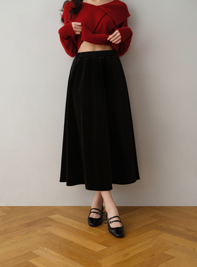 ron&ron松紧加绒A字半身裙女2025秋季高腰显瘦百搭垂感大摆学院风