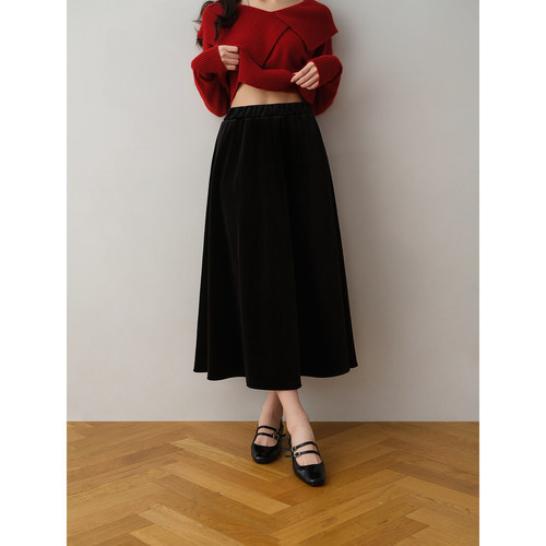 ron&ron松紧加绒A字半身裙女2025秋季高腰显瘦百搭垂感大摆学院风