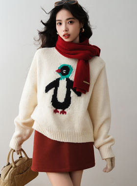 ron&ron卡通企鹅图案套头毛衣女2025冬季宽松软糯百搭减龄针织衫