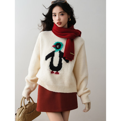 ron&ron卡通企鹅图案套头毛衣女2025冬季宽松软糯百搭减龄针织衫